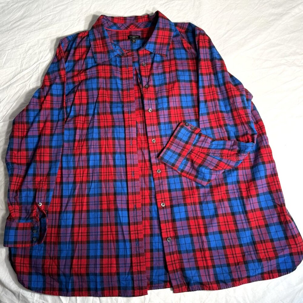 Talbots Women's Size 2XL Plaid Button Up Red and Blue 100% Cotton EUC